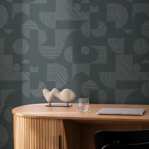 Papier Peint Vert Foncé à Motifs de Lignes et Formes Géométriques