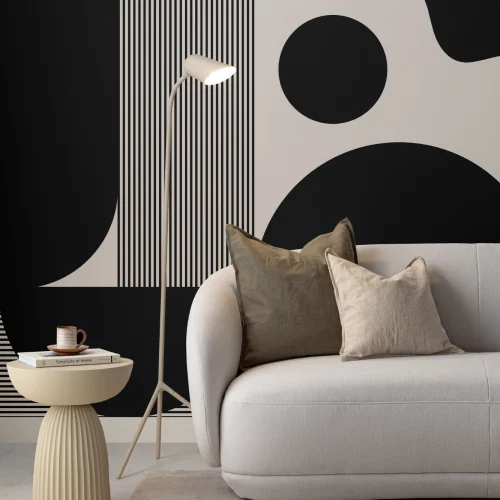 Papier Peint Panoramique Beige et Noir avec Mélange de Formes Abstraites