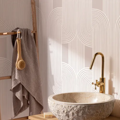 Carta da Parati Beige con Motivo di Linee e Curve Intrecciate Bianche