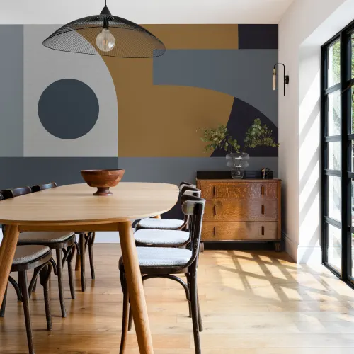 Sininen & sinapinsinappi Mid-Century Geometrinen kollaasi seinämaalauksen seinämaalaus