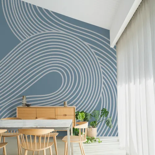 Mural de padrão de jardim zen com linhas curvas azuis