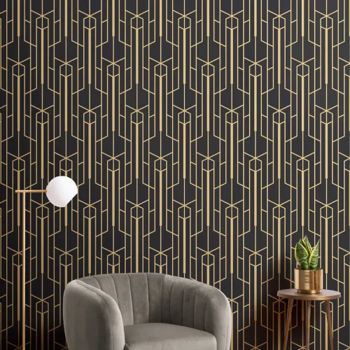 Yellow & Black Geometric Repeat Pattern Wallpaper