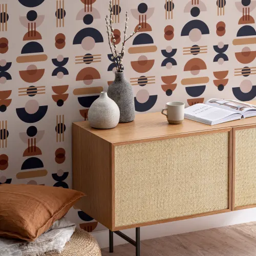 Neutral & Navy Mid Century Modern Geometric Repeat Pattern Wallpaper