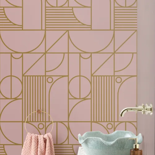 Papel Pintado Rosa y Dorado con Motivo Geométrico de Líneas Rectas y Curvas