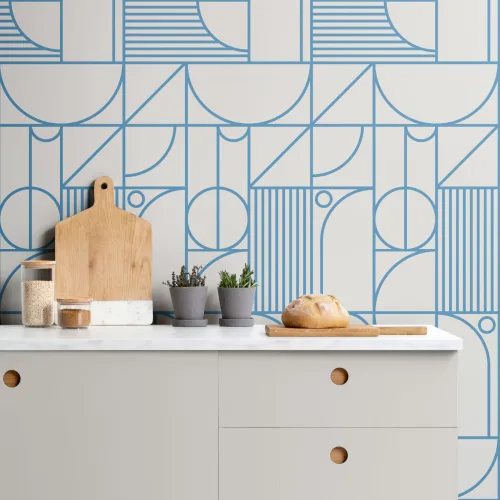 Blue and White Geometric Grid Lines Repeat Pattern Wallpaper
