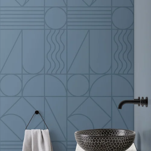 Deep Blue Geometric Lines and Curves Repeat Pattern Wallpaper
