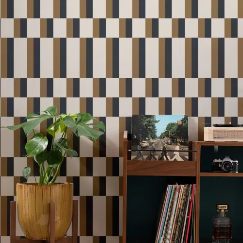 Mustard and Navy Bauhaus Geometric Retro Repeat Pattern Wallpaper