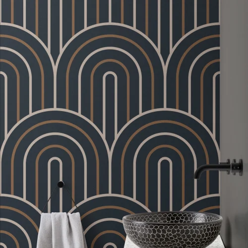 Papel Pintado Geométrico Retro en Azul Marino y Marrón