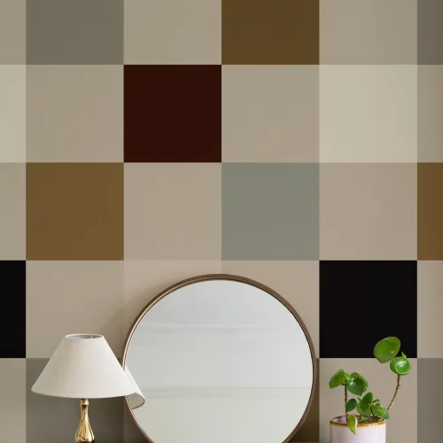 Veelkleurige beige geometrische geruite muurschildering