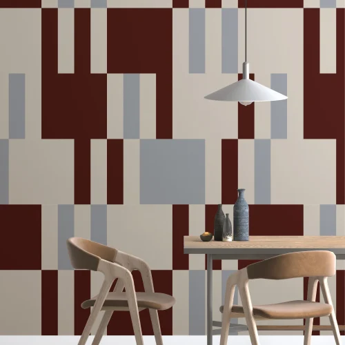 Papier peint panoramique abstrait à motif géométrique à carreaux bordeaux