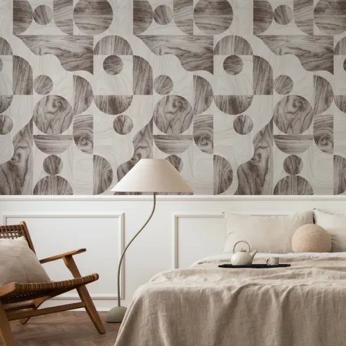 Carta da parati moderna marrone con forme geometriche a venatura di legno