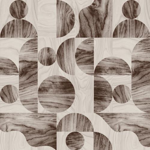 Carta da parati moderna marrone con forme geometriche a venatura di legno