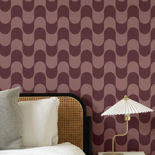 Burgundy Retro Wavy Striped Wallpaper