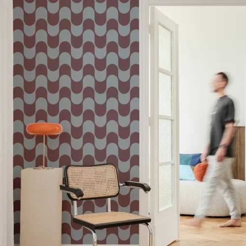 Blue & Burgundy Retro Wavy Striped Wallpaper