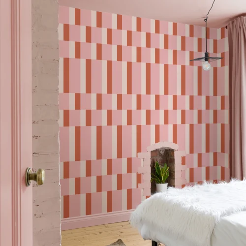 Papel pintado geométrico moderno Bauhaus rosa y naranja