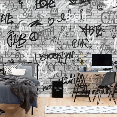 Monocrom NYC Graffiti Cărămidă Wallpaper Mural