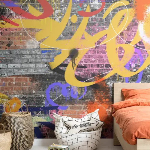 Kolorowa fototapeta z czerwoną cegłą graffiti