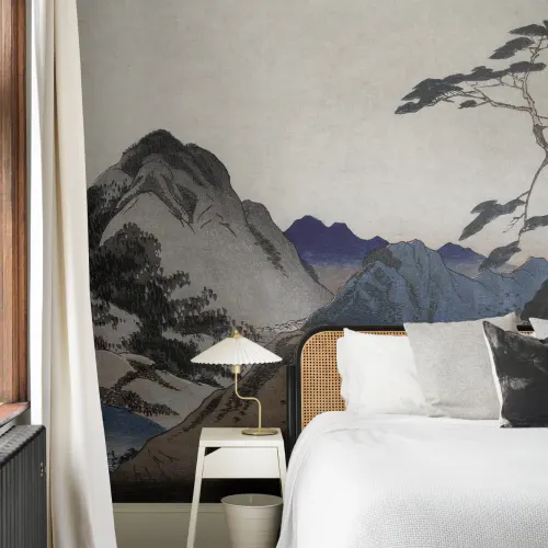 Beige und Blau Japanische Landschaft Berg Kunst Wandbild