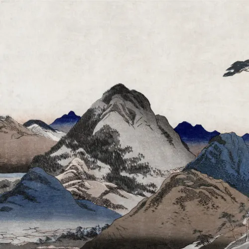 Beige und Blau Japanische Landschaft Berg Kunst Wandbild