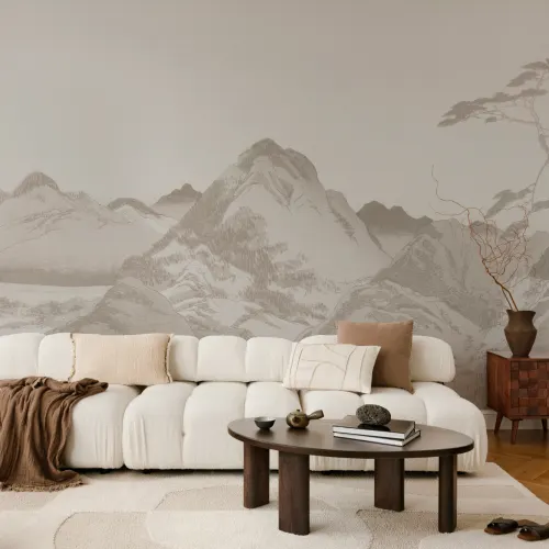 Scenic Beige Japanese Art Mountain Landscape Mural