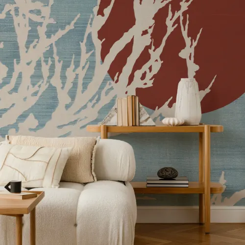 Blue and Red Japanese Artistic Nature Mural