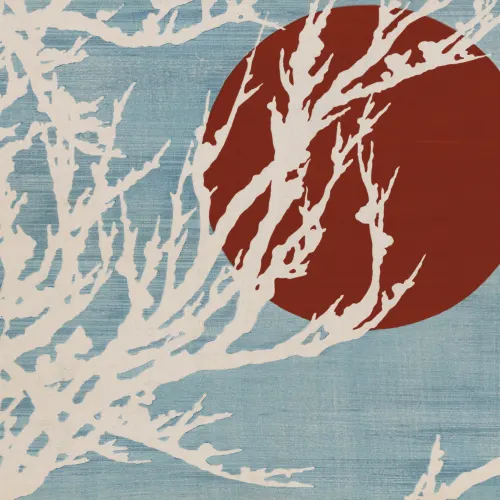 Blue and Red Japanese Artistic Nature Mural