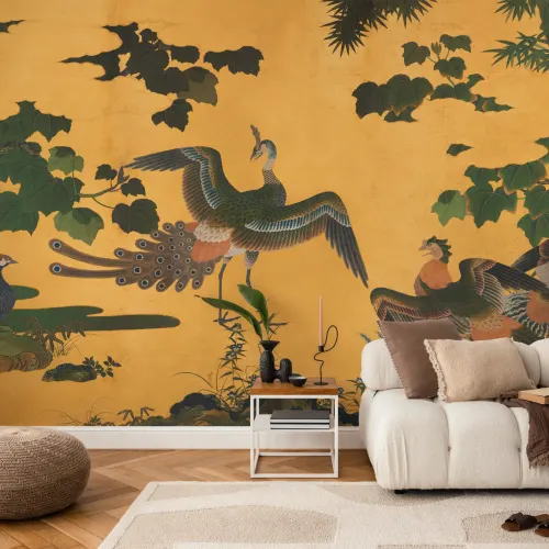 Yellow Illustrated Japanese Peacock Mural