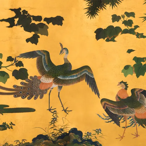 Yellow Illustrated Japanese Peacock Mural