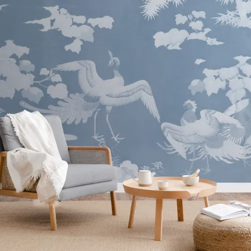 Blue Illustrated Japanese Peacock Mural
