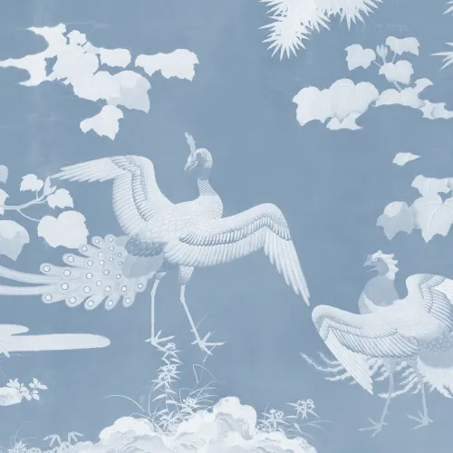Blue Illustrated Japanese Peacock Mural