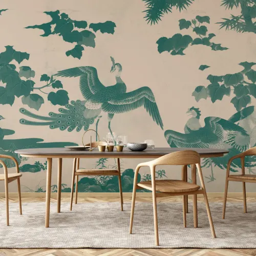 Teal Illustrated Japanese Peacock Mural