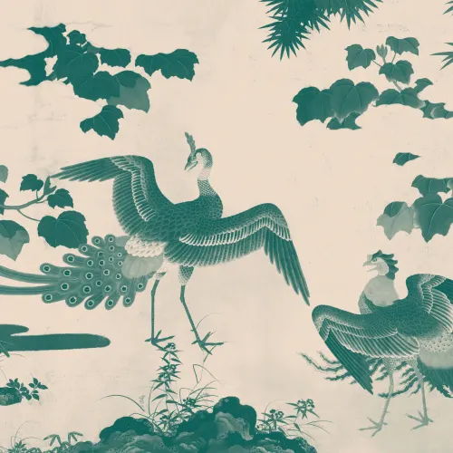 Teal Illustrated Japanese Peacock Mural