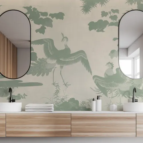 Green Illustrated Japanese Peacock Mural