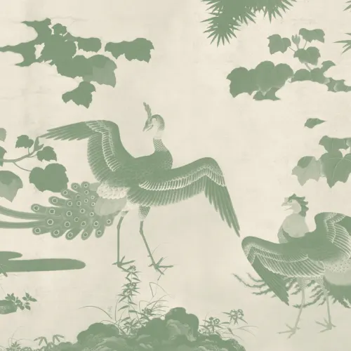 Green Illustrated Japanese Peacock Mural