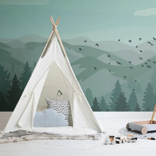 Illustrated Green Landscape Wallpaper Mural