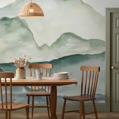 Mural de papel de parede da paisagem montanhosa azul e verde