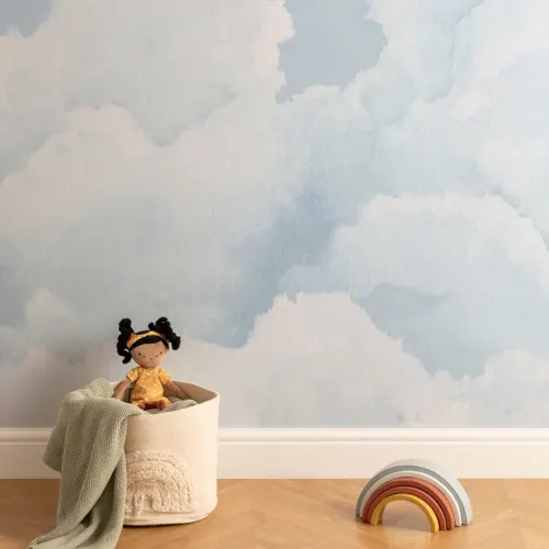 Light Blue Cloudy Sky Watercolor Wallpaper Mural