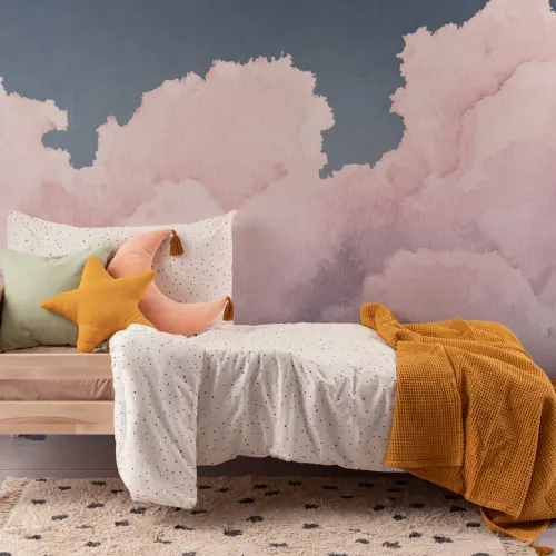 Mural Papel Pintado Acuarela con Cielo Azul y Nubes Rosas al Atardecer