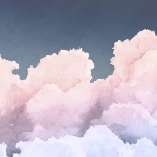 Mural Papel Pintado Acuarela con Cielo Azul y Nubes Rosas al Atardecer