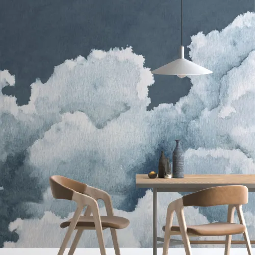Dark Blue Cloudy Watercolor Sky Wallpaper Mural