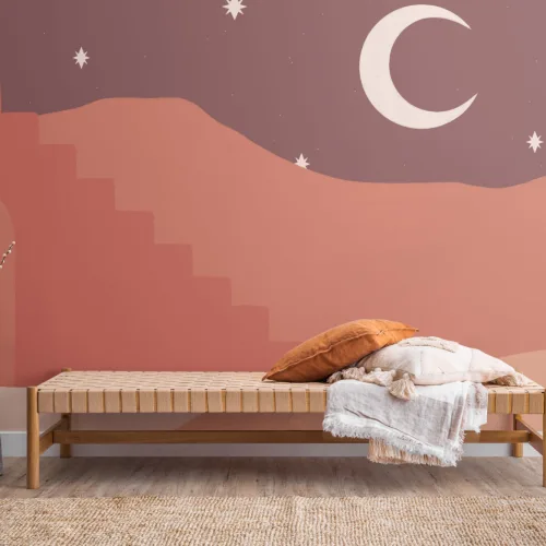 Orange Desert & Moon Painted Landscape Wallpaper Mural