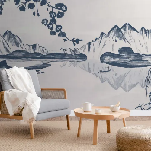 Mural Papel Pintado de China con Montañas y Lago de Tinta Azul
