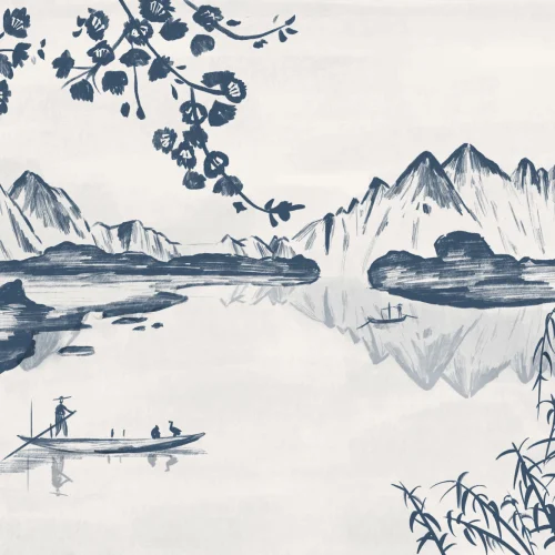 Mural Papel Pintado de China con Montañas y Lago de Tinta Azul