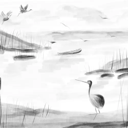 Carta da Parati Paesaggio Naturale Cinese in Bianco e Nero all’Acquerello