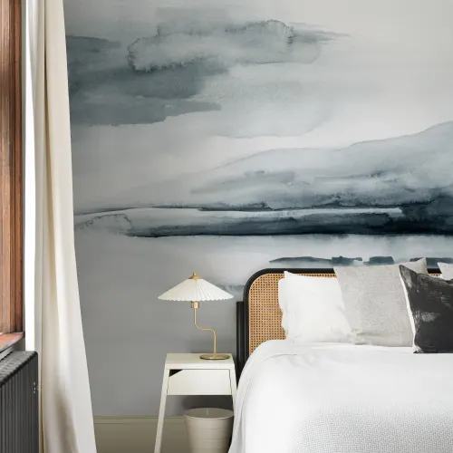 Blue Gray Watercolor Lake Landscape Wallpaper Mural
