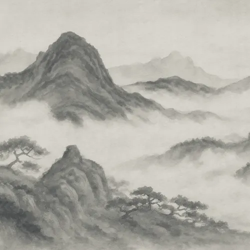 Trækul Japansk bjerglandskab Fototapet