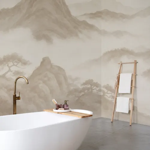 Beige Japandi Mountain Landscape Carta da Parati