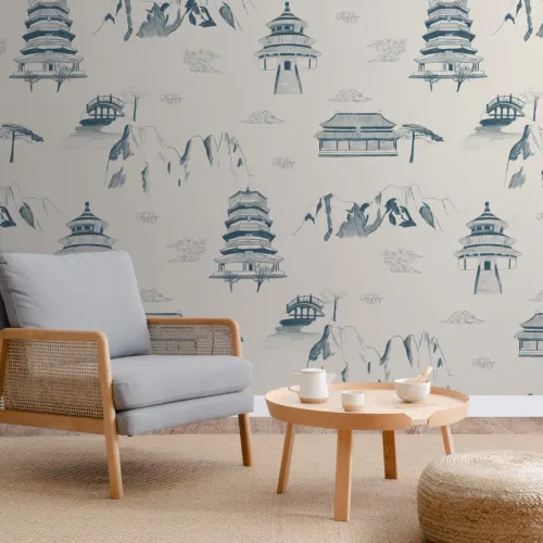 Mural Papel Pintado de China con Símbolos Ilustrados Azules