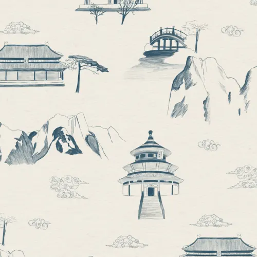 Mural Papel Pintado de China con Símbolos Ilustrados Azules
