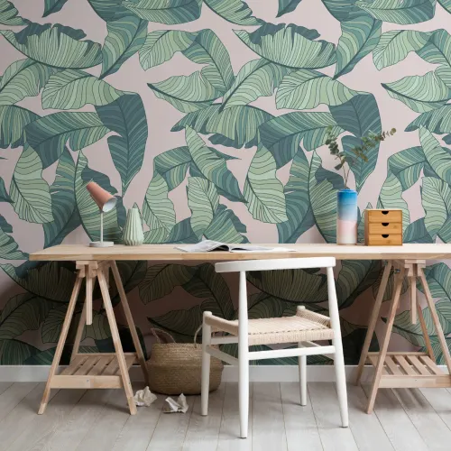 Pink & Green Tropical Leaf Wallpaper Mural